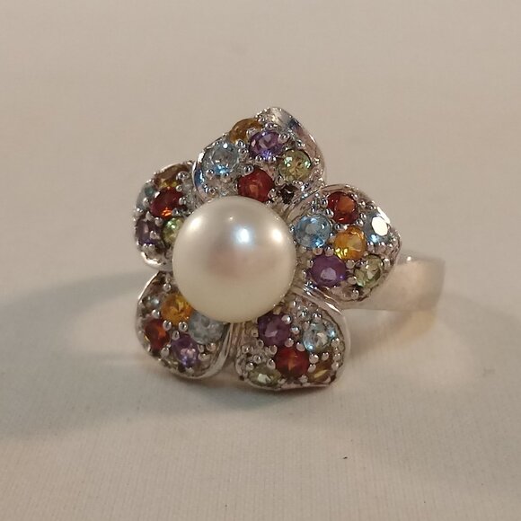 925 Silver Cherry Blossom Flower Pearl Diamond Zircon Ring Gorgeous Gift - Picture 3 of 8